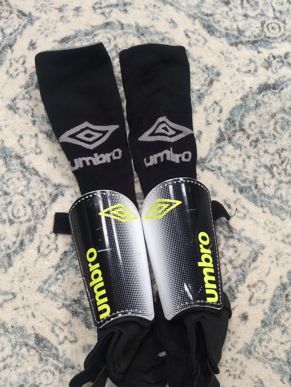 Umbro Soccer Gear Black Socks with Neon Yellow Logo Shin Guards